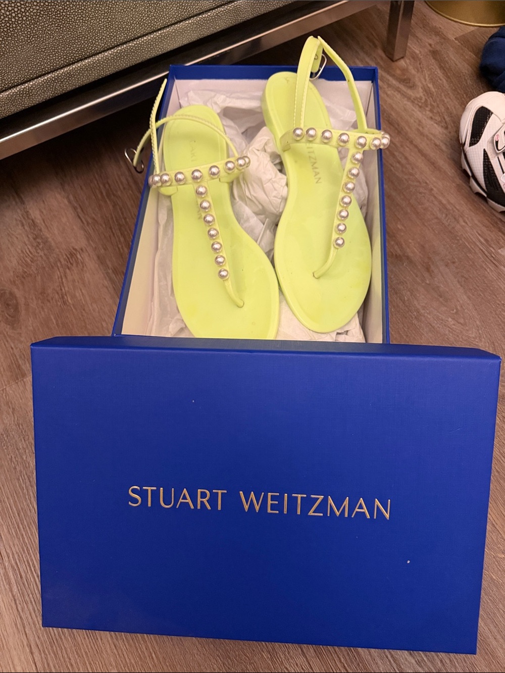 Stuart Weitzman Jelly Neon Yellow Pearl T-Strap Sandals